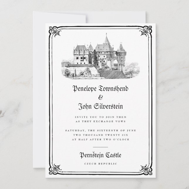 Invitación Ilustracion Castillo Gótico Borde Boda Blanco (Anverso)