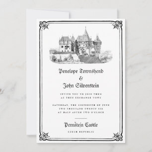 Invitación Ilustracion Castillo Gótico Borde Boda Blanco