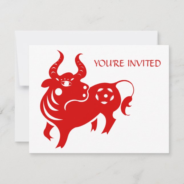 INVITACIÓN ILUSTRACION CHINO DEL BUEY PAPERCUT DEL ZODIACO (Anverso)