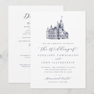 Invitación Ilustración Clásica de Castillo Doble Cara Boda