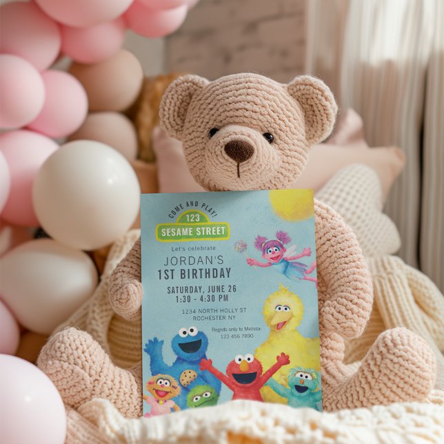 Invitación Ilustración Colorida de la Calle Sésamo para Cumpl (Invitation by stuffed animal)