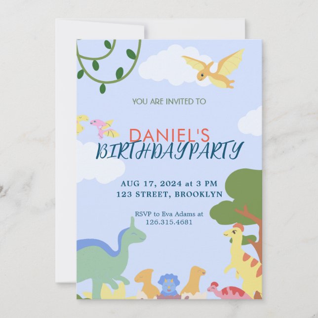 Invitación Ilustracion colorido Cute Dinosaurio Cumpleaños (Anverso)