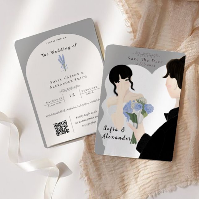 Invitación Ilustracion corto con Boda RSVP de código QR (wedding card)