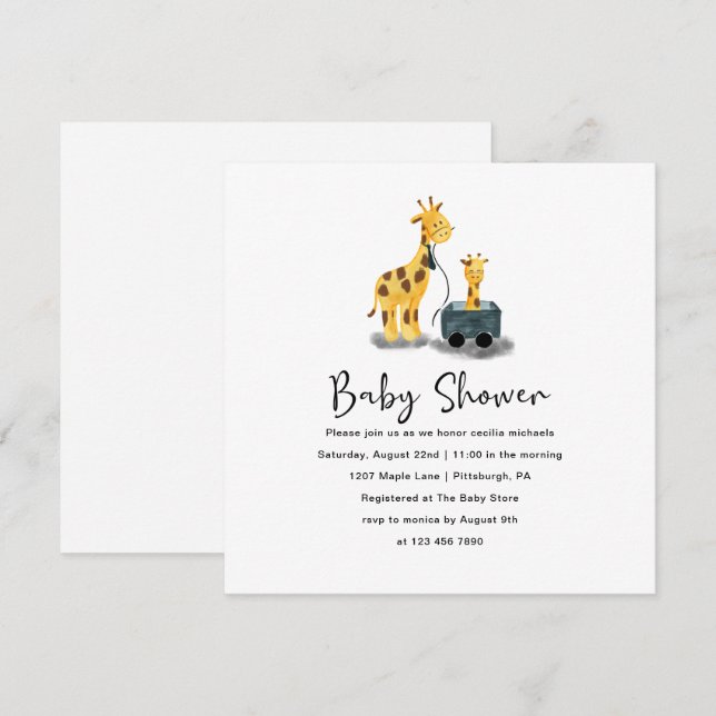 Invitación Ilustracion Cute Giraffe Baby Shower (Anverso / Reverso)