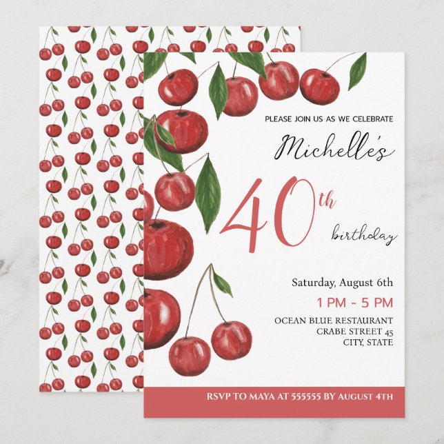 Invitación Ilustración de Acuarela de Cumpleaños con Cerezas  (Anverso / Reverso)