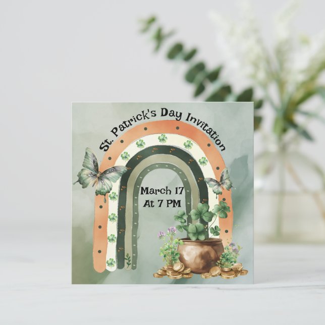 Invitación Ilustración de arcoíris acuarela verde bohemio (Anverso de pie)