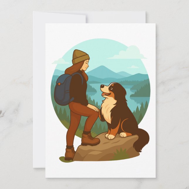 Invitación Ilustración de aventura de niña y perro de montaña (Anverso)