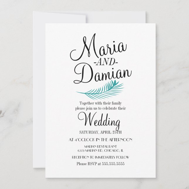 Invitación Ilustración de boda de hoja de palma tropical (Anverso)