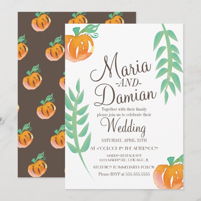 Invitación Ilustracion de calabaza acuática Boda otoño verde (Anverso / Reverso)