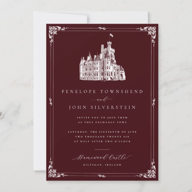 Invitación Ilustración de Castillo Borde Borgoña Boda (Anverso)