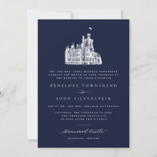Invitación Ilustración de Castillo Elegante Boda Formal Azul