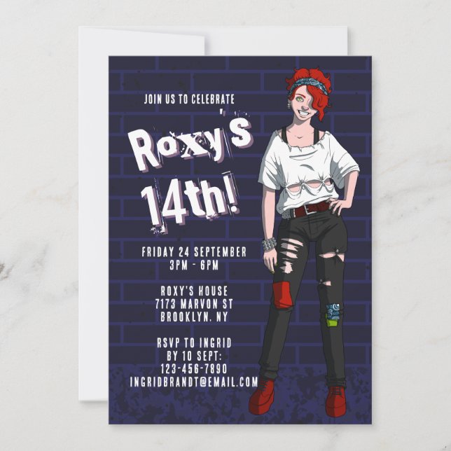 Invitación Ilustracion de Chica adolescente punk 14º cumpleañ (Anverso)