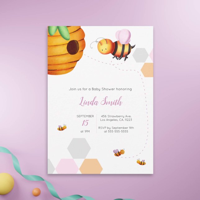 Invitación Ilustracion de Chica rosado de Bee Baby Shower (Subido por el creador)