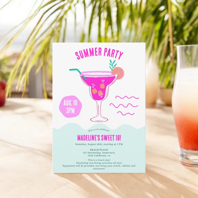 Invitación Ilustracion de cócteles rosa playa de verano Sweet (Pink Cocktail illustration summer beach Sweet 16 Invitation)