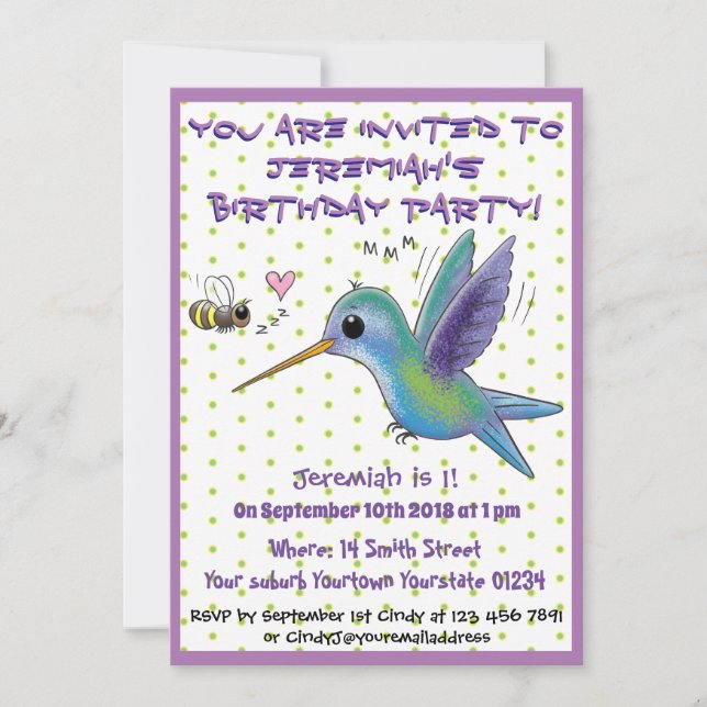 Invitación Ilustracion de colibrí y personalizado de abejas (Anverso)