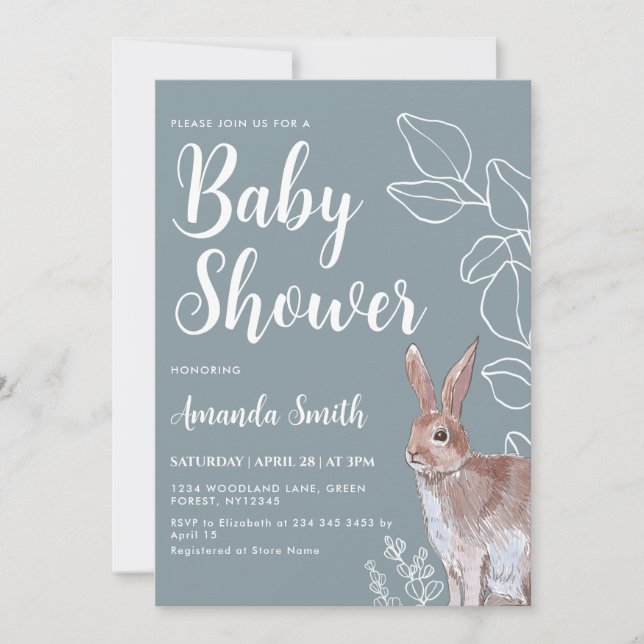 Invitación Ilustracion de conejo Baby Shower botánico (Anverso)