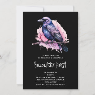Invitación Ilustración de cuervo negro en una rama Halloween