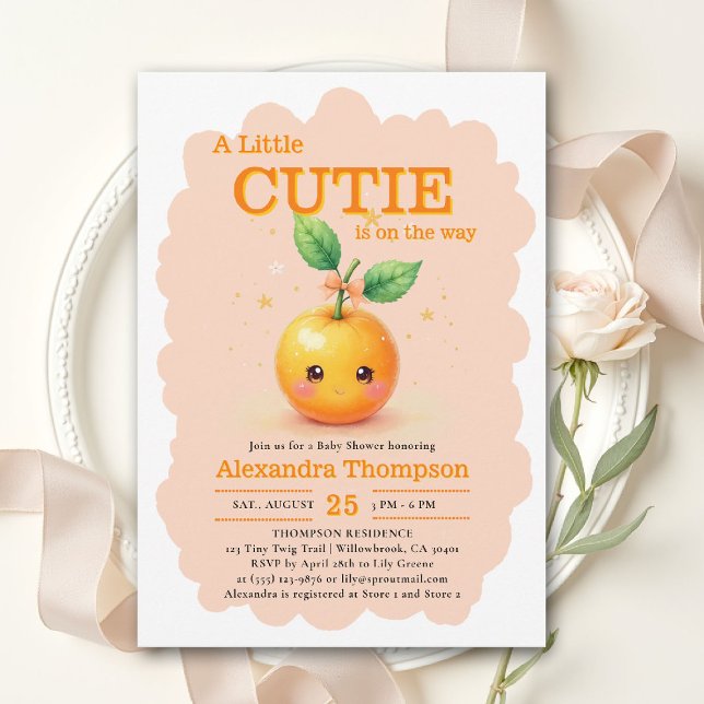 Invitación Ilustración de Cumpleaños de Bebé Little Cutie Ora (little cutie orange theme baby shower invitation citrus bow watercolor illustration pink bloom)