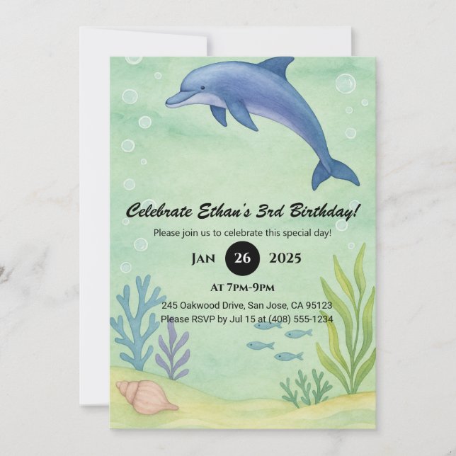 Invitación Ilustración de cumpleaños de delfín azul y jardín  (Anverso)