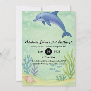 Invitación Ilustración de cumpleaños de delfín azul y jardín 