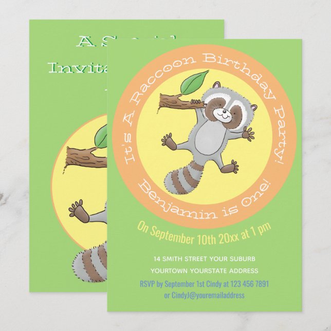 Invitación Ilustración de dibujos animados de mapache bebé li (Anverso / Reverso)