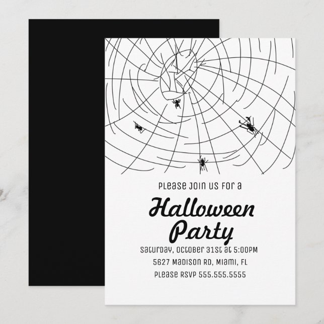Invitación Ilustración de doodle de araña para fiesta de Hall (Anverso / Reverso)