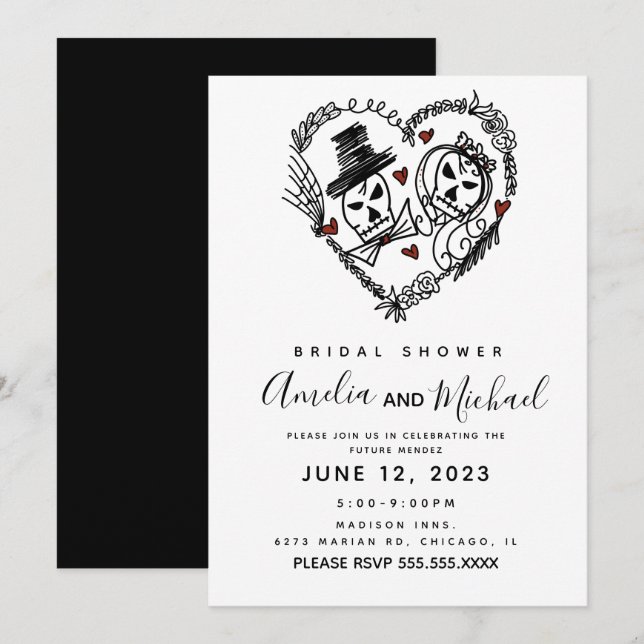 Invitación Ilustración de doodle de pareja de esqueletos para (Anverso / Reverso)