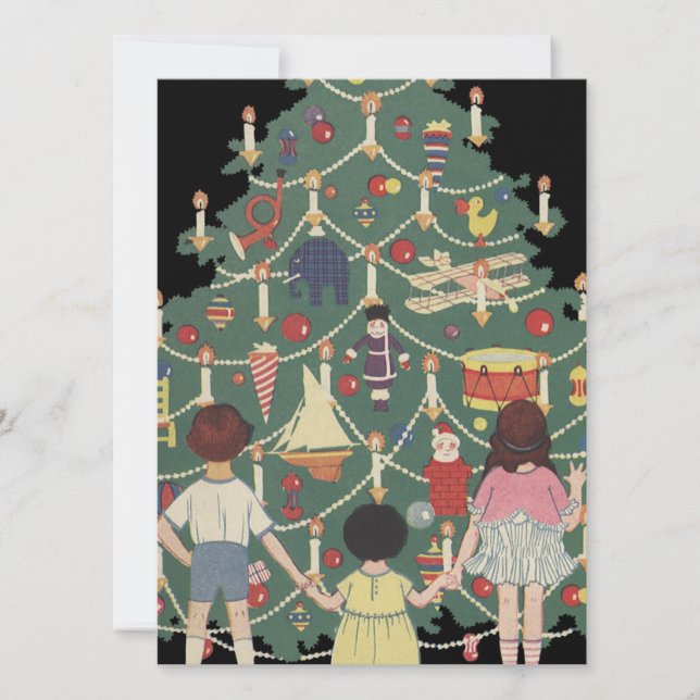 Invitación Ilustracion de época - Árbol de Navidad y niños (Anverso)