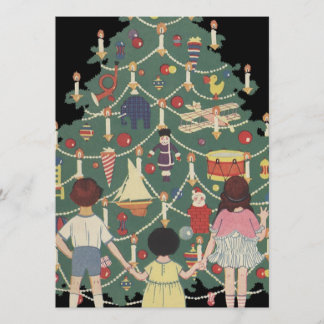 Invitación Ilustracion de época - Árbol de Navidad y niños