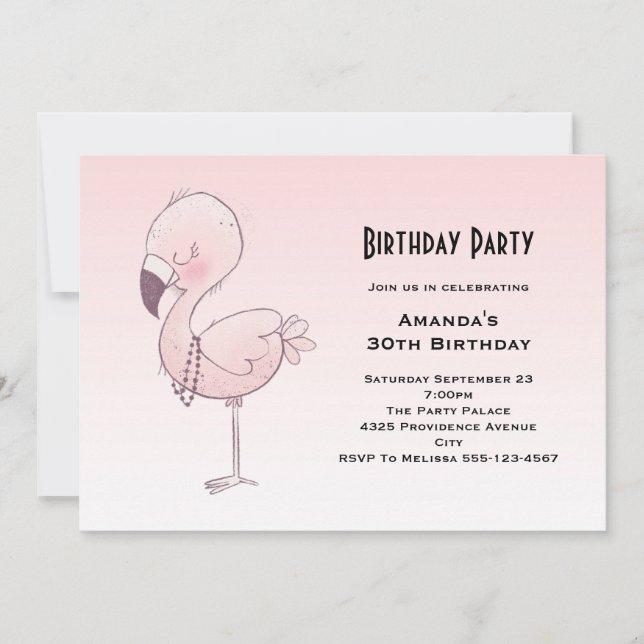 Invitación Ilustración de flamenco rosa lindo cumpleaños (Anverso)