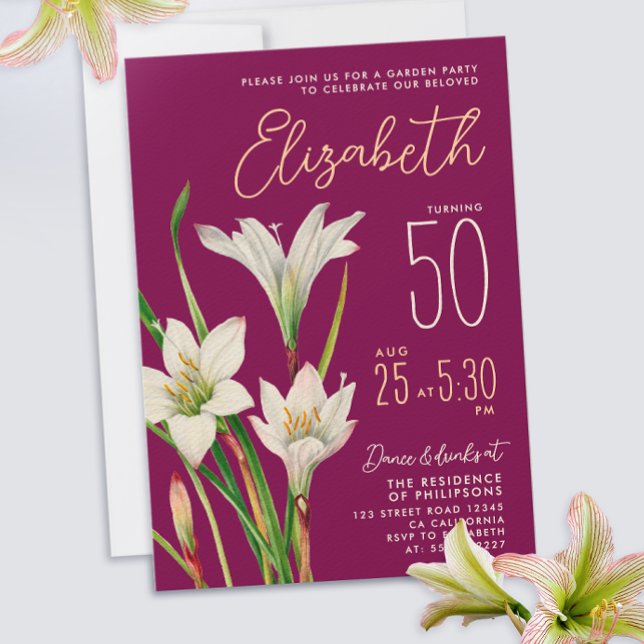 Invitación Ilustración de flores de lirio blancas de Borgoña  (Subido por el creador)