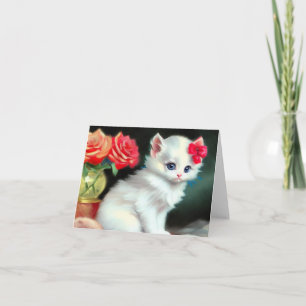 Invitación Ilustracion de gatito blanco con flores rojas