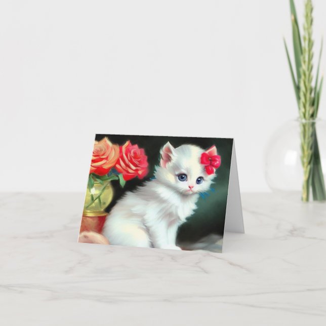 Invitación Ilustracion de gatito blanco con flores rojas (Anverso)