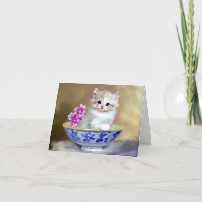 Invitación Ilustracion de gatito blanco vintage (Anverso)