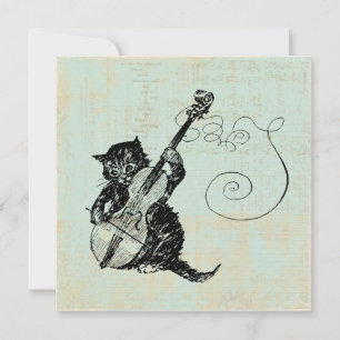 Invitación Ilustracion de gato de música Verde azulada en vio