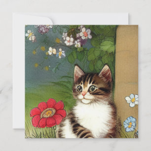 Invitación Ilustracion de gato vintage con flores de primaver