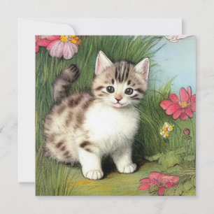 Invitación Ilustracion de gato vintage con flores rojas