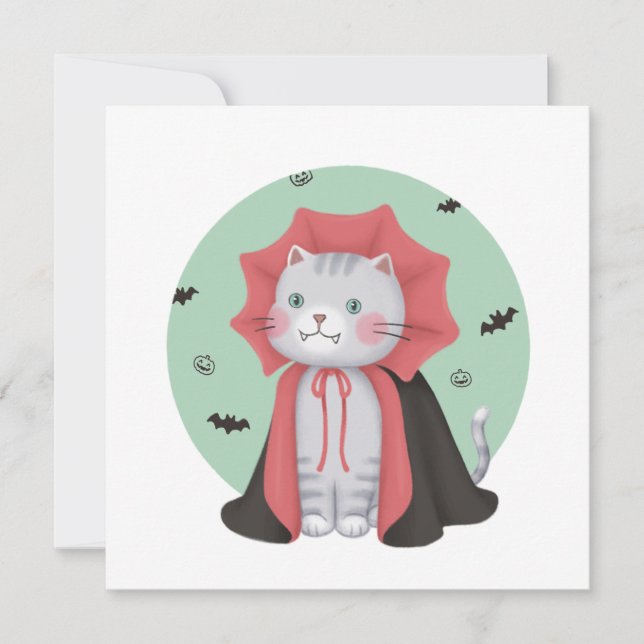 Invitación Ilustracion de Halloween: Gato de vampiro (Anverso)