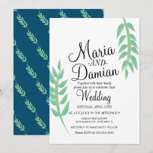 Invitación Ilustración de hoja de acuarela Verde azulado boda