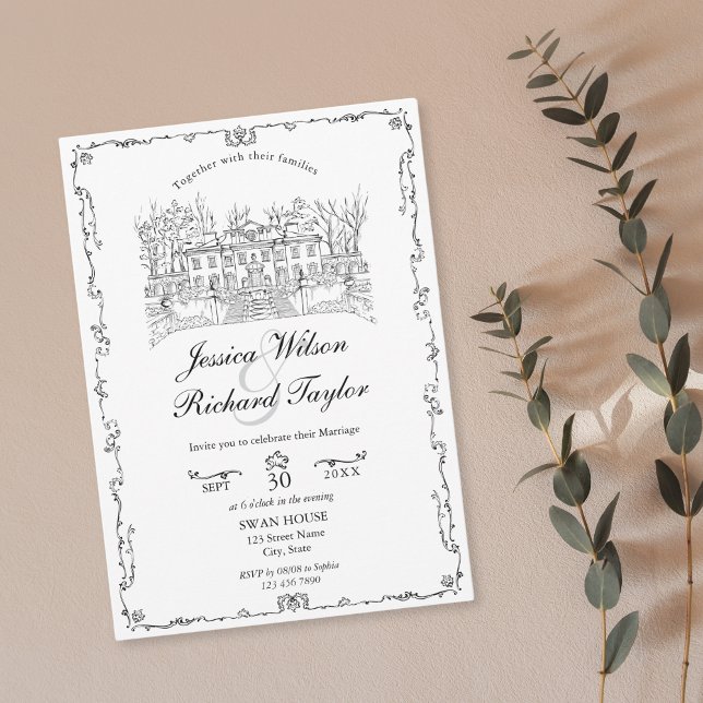 Invitación Ilustracion de la manga de la puerta del Personali (custom hand drawn classic wedding venue illustration invitation with border)