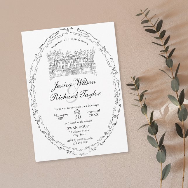 Invitación Ilustracion de la manga de la puerta del Personali (custom hand drawn classic wedding venue illustration invitation with border)