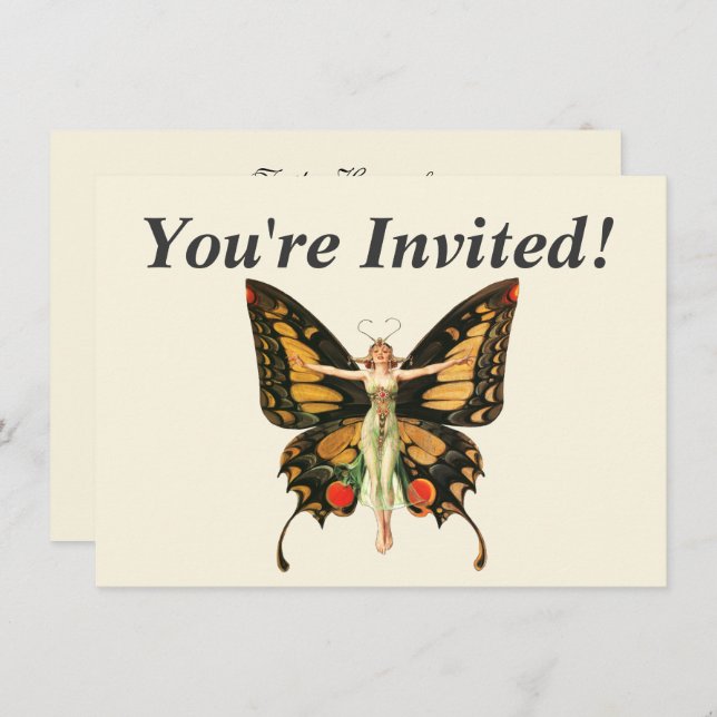 Invitación Ilustracion de la mujer voladora de mariposa flapp (Anverso / Reverso)