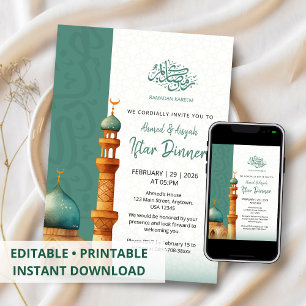 Invitación Ilustración de Mezquita al Acuarela Cena de Iftar