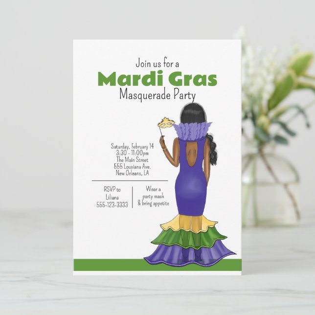 Invitación Ilustracion de moda Mardi Gras - Fiesta (Anverso de pie)