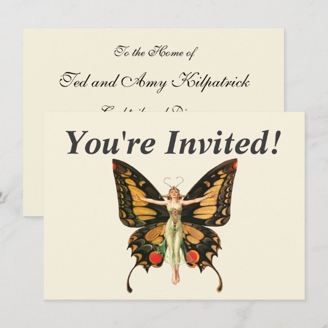Invitación Ilustración de Mujer Volando Mariposa Flapper (Anverso / Reverso)