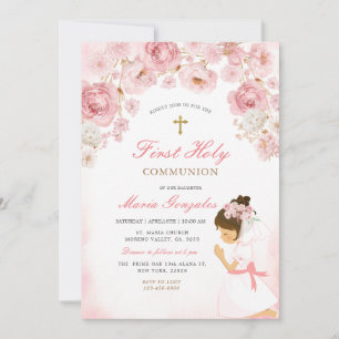 Invitación Ilustración de niña orando con flores rosadas y cr