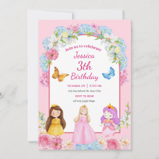 Invitación Ilustración de niña princesa acuarela azul rosa