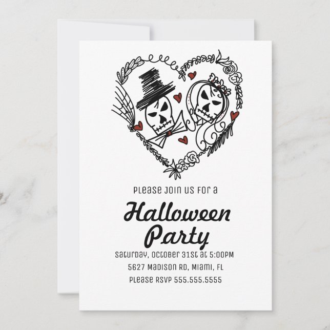 Invitación Ilustración de parejas de esqueletos para fiesta d (Anverso)