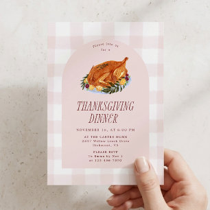 Invitación Ilustración de pavo de gingham Cena de Acción de G