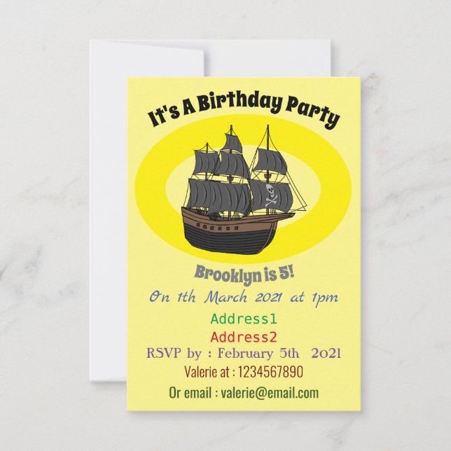 Invitación Ilustracion de personalizado de buques piratas (Anverso)
